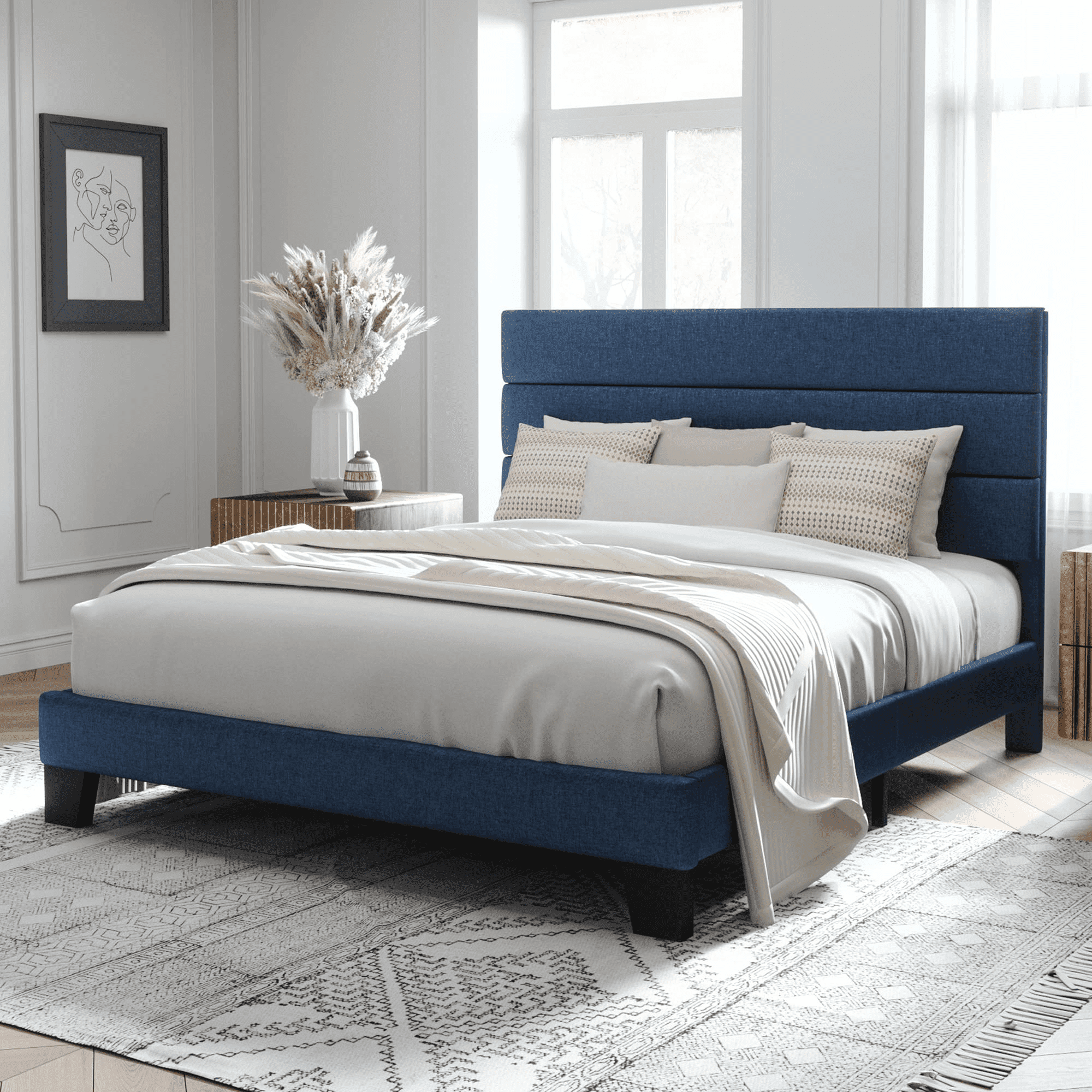 Allewie Full Size Platform Bed Frame with Fabric Upholstered Headboard, Navy Blue
