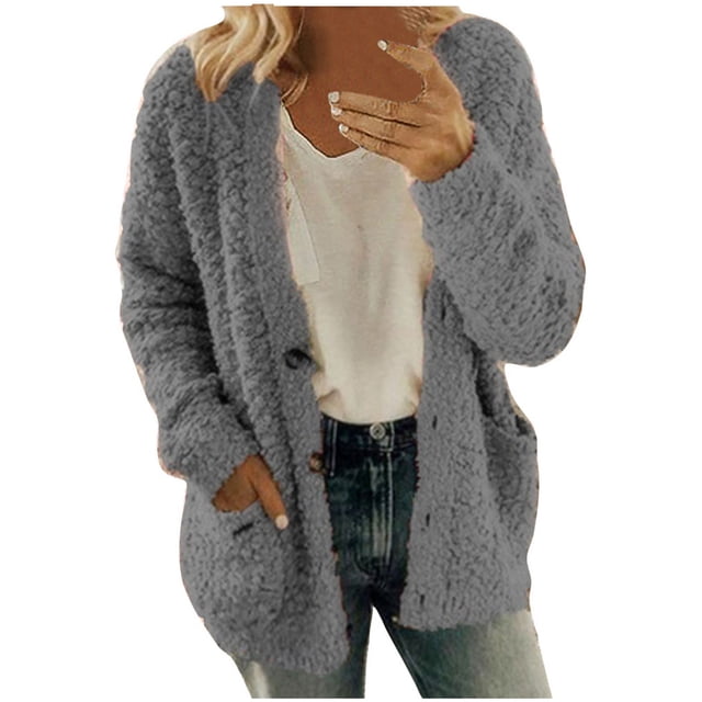LSLJS Cardigan à Boutons pour Femmes Grande Taille à Manches Longues Ouvert à l'Avant Chandail Manteau en Peluche