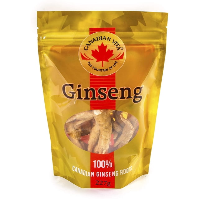 Canadian Ginseng Roots - Certified Authentic Canadian Ginseng, Top Grade 4 Year (8oz/227g) in a resealable gold pouch with a clear window displaying dried ginseng roots. The packaging features the Canadian Vita logo with a red maple leaf and the text '100% Canadian Ginseng Roots' and '227g' prominently displayed.