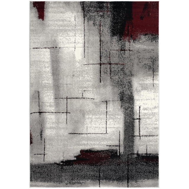 Rug Branch Montage 2' x 2' (Exact Size: 2'3" x 2') abstract indoor doormat rug in grey with red and black accents. This modern rug features intersecting linear patterns and textured blocks, crafted from durable 100% olefin heatset fiber for stain resistance and easy cleaning. Ideal for entryways, hallways, kitchens, and bathrooms, it suits high-traffic areas and adds a contemporary touch. Its compact size also makes it suitable for use as a decorative accent rug in small spaces.