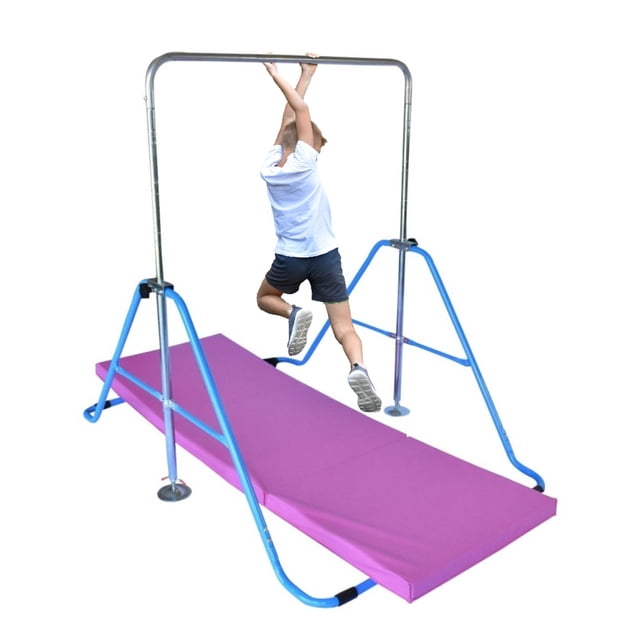 Kids Expandable Gymnastics Bar Horizontal Bar Kip Bar Junior Gymnastic Training Children Exercise Folding Monkey Bars Climb Tower with 6'x2' Exercise Mat Blue