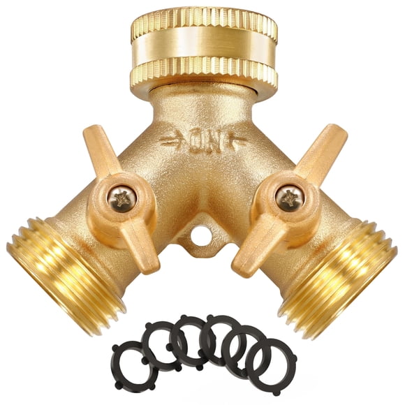 IPOW Garden Hose Splitter 2 Way Heavy Duty with Upgraded Handles Solid Brass Water Faucet Y Splitter Hose Bib Splitter Connector Adapter with Comfortable Grip Shut Off Valves and 6 Rubber Washers