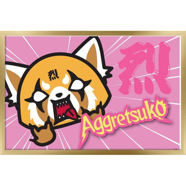 Aggretsuko - Affiche Murale Cornes, 14,725 Po x 22,375 Po, Présente un panda Roux de Dessin Animé Orienté vers l'Avant avec des Yeux Blancs, Bouche Ouverte Montrant des Dents Tranchantes et une Langue Extérieure, Faisant des Gestes de Main rock sur un Fond Rose avec des Lignes Rayonnantes Blanches, kanji Japonais Rose et Texte « Aggretsuko » à Contour Jaune, Encadré en Bois Clair, Convient à la Décoration Murale de Chambre, Bureau Ou Dortoir.