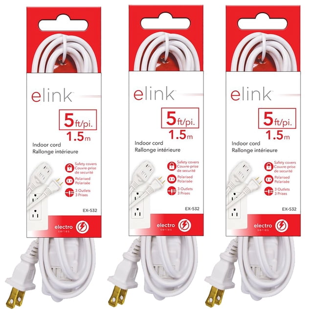 Elink - Ensemble de 3 Rallonges Électriques d'Intérieur à 3 Prises, Chaque 5 Pieds (1,5 m) de Longueur, en Blanc. les Cordons Comprennent des Couvre-Prises de Sécurité, des Prises Polarisées et un design de Calibre 16/2 Prenant en Charge jusqu'à 13 Ampères. Emballés dans des Boîtes Rouges et Blanches avec des Détails sur le Produit Bien en Vedette.