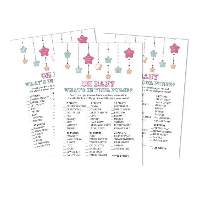 Inkdotpot 50What'sIn Your PurseBaby Shower GameCards Gender Neutral Activity CardsPartyIdea Star Baby Shower Party Supply