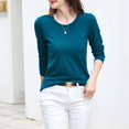 thumbnail image 4 of RXIRUCGD Hauts pour Femmes 2024 Col Rond Couleur Unie Chemise de Base Manches Longues Col Rond Haut/chemise, Bleu, Taille : 2TG, 4 of 8