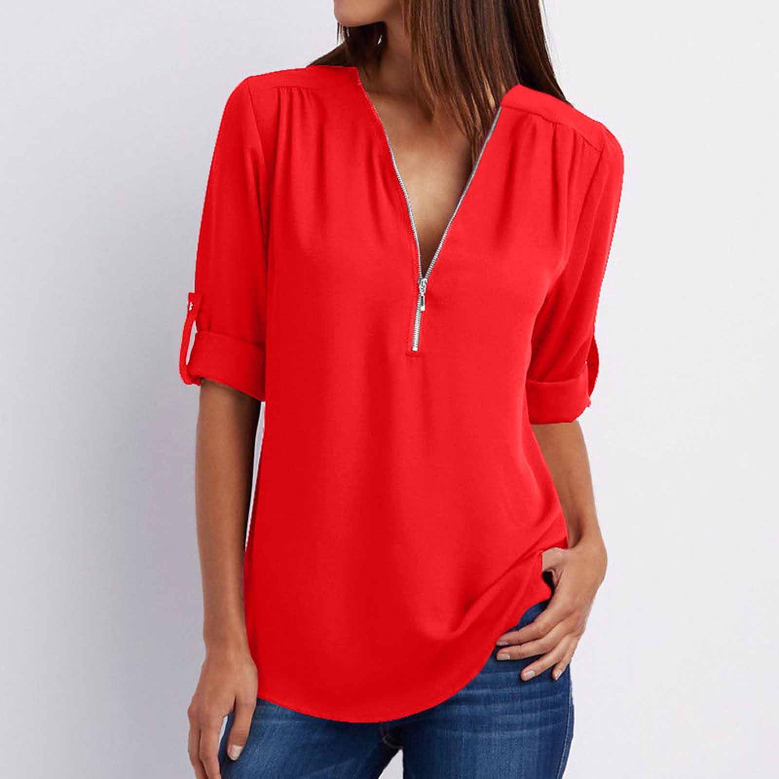 Blouses pour Femmes Chemises d'Été à Manches Longues pour Femmes Fermeture Éclair Tunique Décontractée Col en V Blouse à Manches Roulables Hauts Blouses pour Dames en Liquidation
