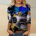 thumbnail image 1 of T-shirts de Croisière Carnival pour Femmes, Masque Pailleté Graphique Vêtements de Mardi Gras Femmes Grande Taille, Mode T-Shirts à Manches 3/4 à Col Rond Imprimés Masque de Carnaval pour Femmes Hauts de Carnaval, 1 of 5