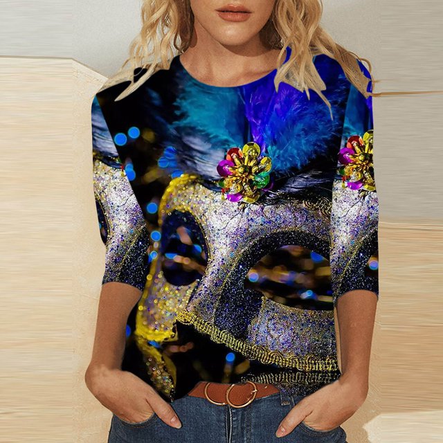 T-shirts de Croisière Carnival pour Femmes, Masque Pailleté Graphique Vêtements de Mardi Gras Femmes Grande Taille, Mode T-Shirts à Manches 3/4 à Col Rond Imprimés Masque de Carnaval pour Femmes Hauts de Carnaval