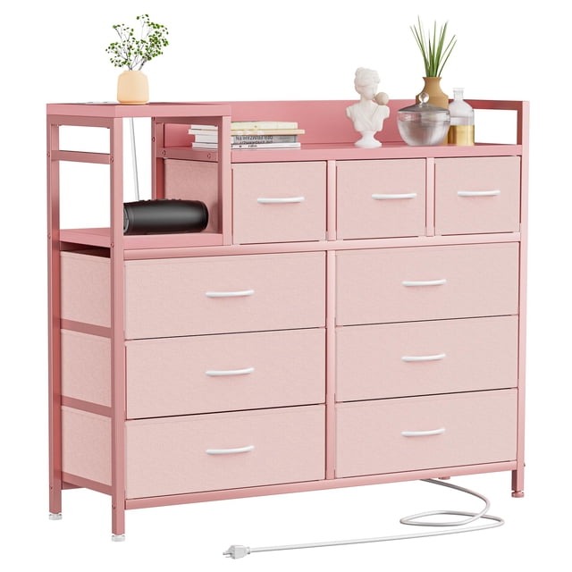 Commode à 9 Tiroirs avec Prise de Courant, Commode en Bois pour Salon, Couloir