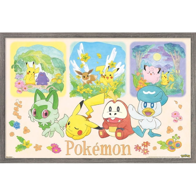 Pokémon: One Scene - Group Wall Poster, 14.725" x 22.375" framed wall art featuring front-facing Pokémon characters Pikachu, Eevee, Grookey, Darumaka, and Ducklett with floral accents and three smaller nature scenes of Pikachu with Ditto, Eevee with Pikachu, and Clefairy with Pikachu under moonlight, on a cream background with 'Pokémon' text, suitable for room decor.