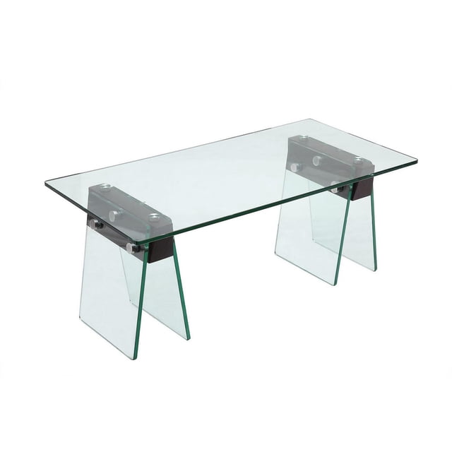 Canadian Wills coffee table condo Dark Walnut with clear tempered glass top and legs, featuring dark walnut wood veneer joint blocks, designed as a living room accent table, shown in a 3/4 front view on a white background.