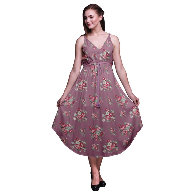 Bimba Floral Ladies Printed Resort Midi Drawstring Dress Spaghetti Strap Beach Wear-X-Small