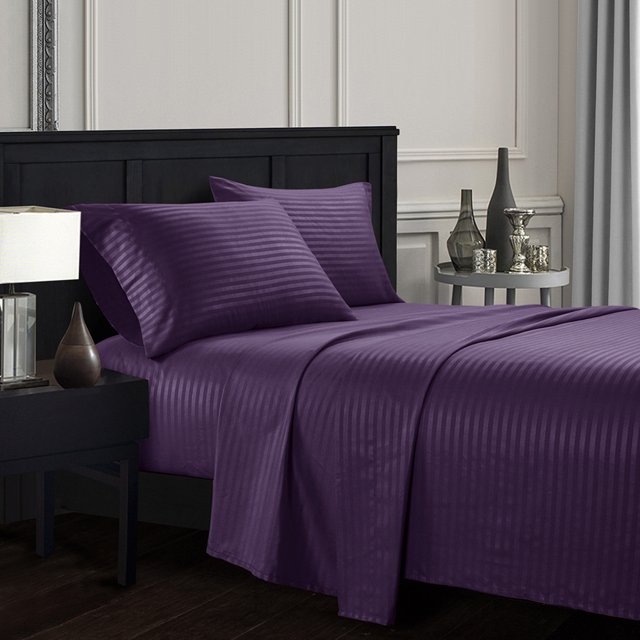 YYAO Full Size Luxurious Striped Sheet Set for Home Hotel, 4 Piece, Purple