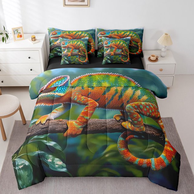Colorful Chameleon 7 Piece Comforter Set Full Bed in a Bag,Cute Lizard Wildlife Bedding Set Botanical Tree Branch Sheet Set with Comforter,Lovely Reptile Creature Bed Set