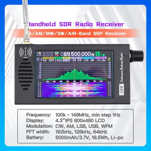 Radio SDR DSP Numérique à Démodulation à Ondes Courtes FM MW SSB CW HAM Radio avec un Écran IPS LCD de 4,3 Pouces Affichant un Spectrogramme Haute Résolution et un Graphe en Cascade. l'Appareil compact Présente un Boîtier Tout en Alliage d'Aluminium pour le Contrôle, un Écran Tactile Résistif, et un Encodeur Rotatif pour le Contrôle. Il Prend en Charge les modes de Démodulation CW, AM, SSB, FM et Fonctionne dans une Plage de Fréquence de 100kHz à 149MHz. l'Unité Comprend une Antenne BNC interface, port de Charge USB Type-C