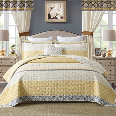 DDUOXIN Floral Quilts Queen Size - 100% Cotton Reversible Soft Queen Quilt with 2 Pillow Shams, Farmhouse Lightweight Queen Bedspreads Coverlets Sets, Yellow Gray, Queen