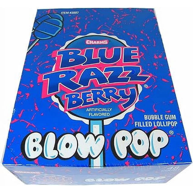 Charms Blue Razz Berry Blow Pop Box with 48 individually wrapped lollipops featuring a bubble gum center and blue raspberry flavor. The box displays bold blue and pink branding, emphasizing its nostalgic appeal and versatility for parties, snacking, or lunchboxes.