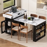 Extendable Dining Table with Folding Tabletop, Bar Table with Drawers and Power Outlet, Kitchen Island with Wheels and Hooks, Sideboard for Kitchen and Dining Room,Black