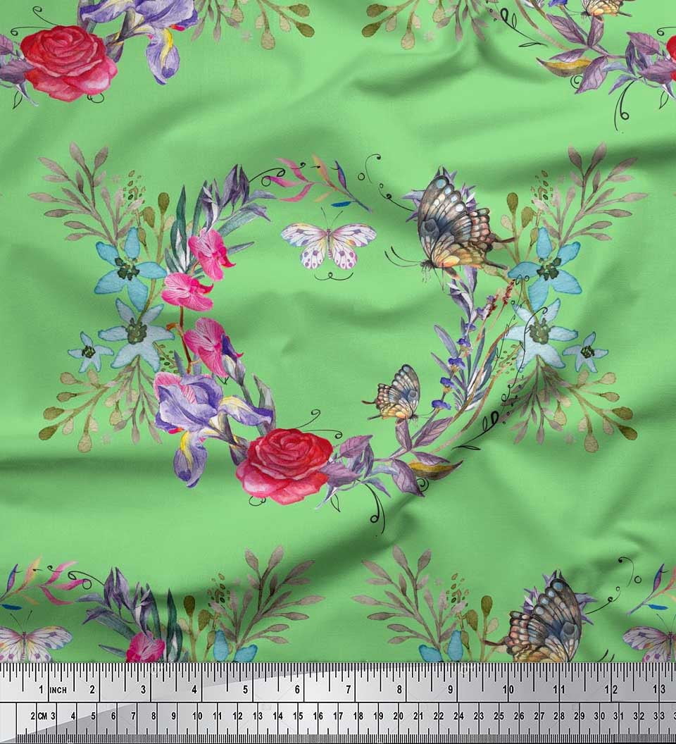 Soimoi Green Cotton Voile Fabric Insect,Rose & Wreath Flower Print Sewing Fabric BTY 42 Inch Wide