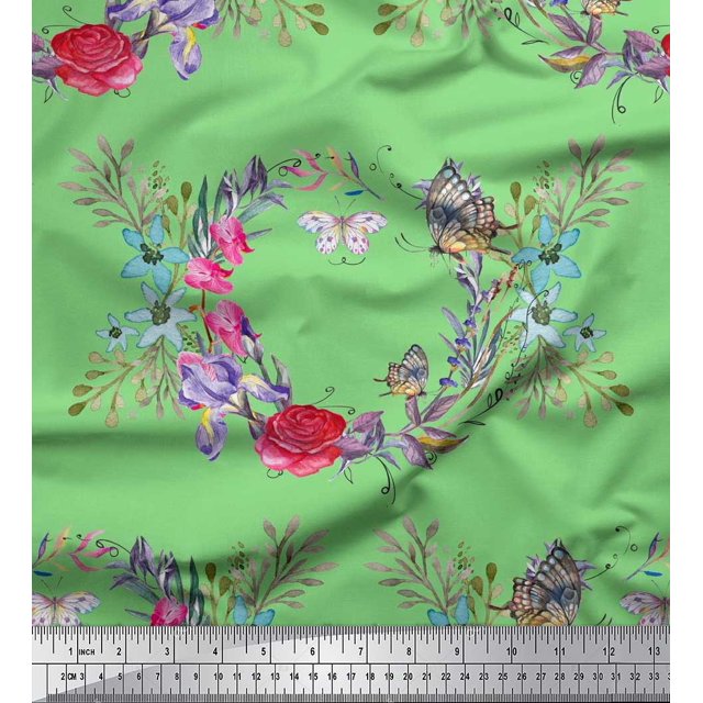 Soimoi Green Crepe Silk Fabric Insect,Rose & Wreath Flower Decor Fabric Printed BTY 42 Inch Wide