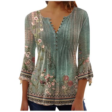 IROINID Deals Womens Long Sleeve Tops Summer V-Neck 3/4 Sleeve Print Lounge T-shirt Blouse,Olive Green