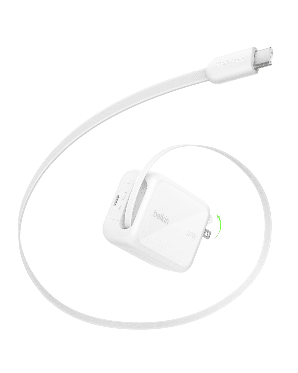 Belkin Chargeur mural 67 W à double ports USB-C avec câble USB-C rétractable (75 cm / 29,5 po), blanc
