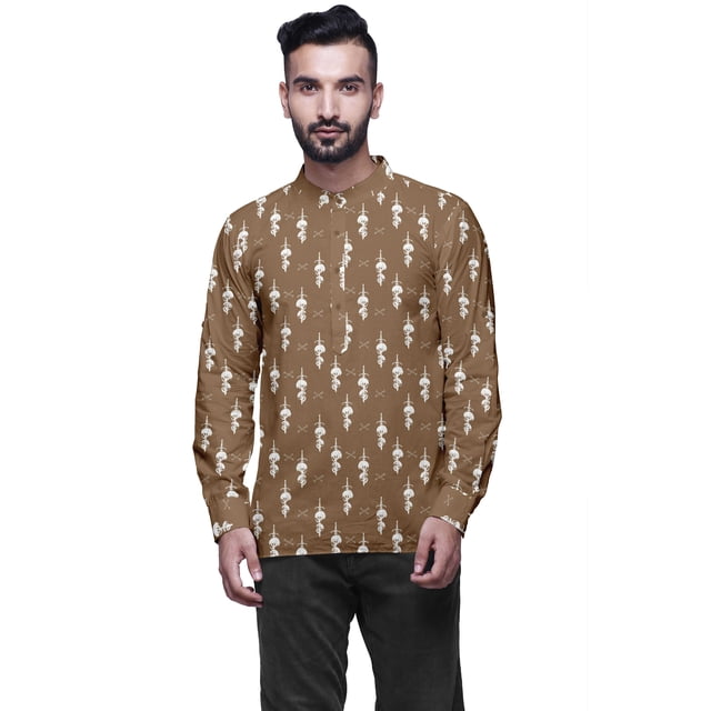 Atasi Kurta Court Imprimé Décontracté à Manches Longues avec Poignets pour Hommes Tenue d'Été