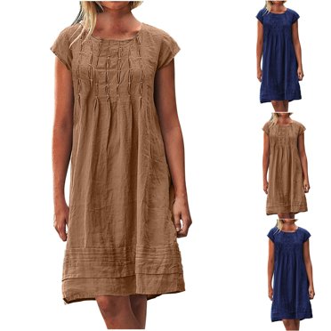 Meichang Women's Summer Linen Dress Short Sleeve Casual Loose Knee Length Dress Solid Crew Neck Pleated A-line Beach Sundress Cotton Linen Midi Dresses