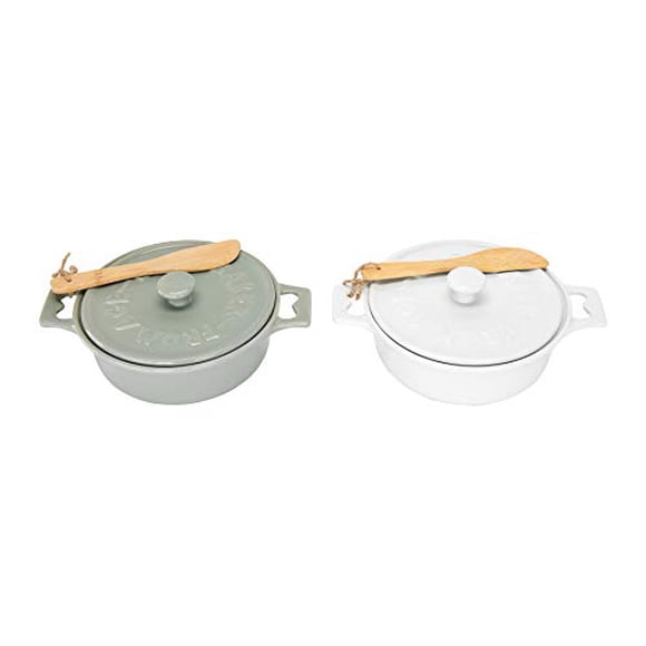 Creative Co-Op Stoneware Brie Bakers with Lids & Wood Spreaders, 7" Round, Set of 2 Colors