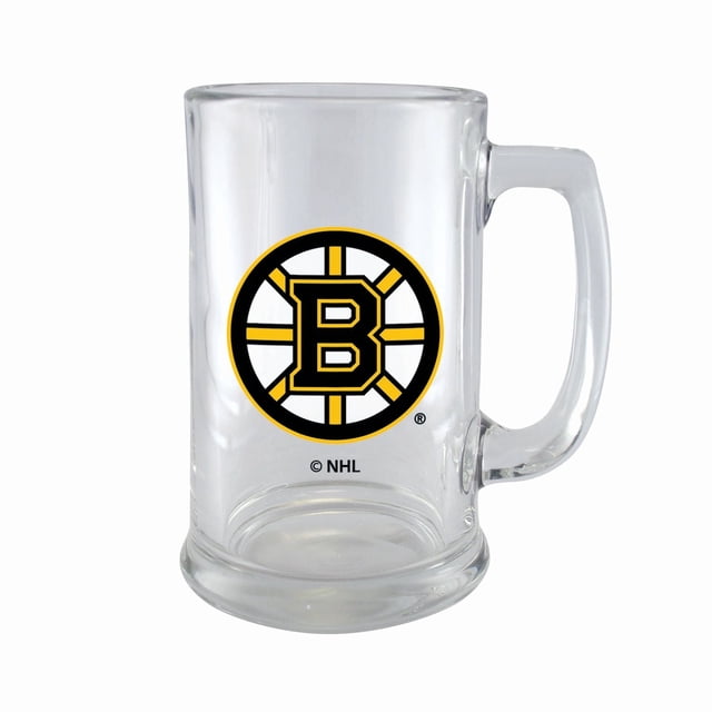 STEIN de Bière LNH 15OZ Officiellement Licencié BOSTON BRUINS, STEIN en Verre Transparent avec base Solide et Poignée à Prise Facile, Présentant le logo BOSTON BRUINS en Noir et Jaune, Idéal pour la Bière Froide Ou d'Autres Boissons, Va au Lave-Vaisselle et Parfait pour l'Équipement de Fans LNH Ou les collections de Boutique de Fans de Sport.
