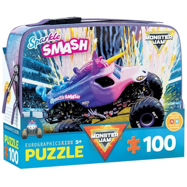 Sparkle Smash Monster Jam 100 PC Puzzle in Lunch Bag featuring a purple and pink unicorn monster truck with large black tires on an insulated lunch bag with zipper and carry handle, made from recycled blue board, includes a folded poster, suitable for kids aged 5 and up and ideal for portable puzzle storage.