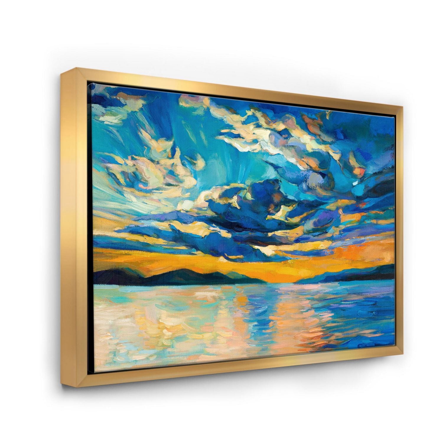 Designart Nuageux grand ouvert coucher de soleil sur l'horizon de l'océan ART MURAL À CADRE FLOTTÉ