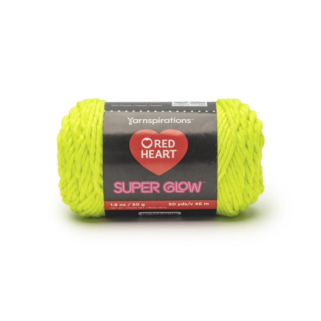 Red Heart® Super Glow™ #4 Worsted (Medium) Polyester Yarn in neon yellow, 1.8 oz (50 g) skein with 50 yards (46 m), smooth textured yarn ideal for glowing Halloween crafts, amigurumi, and accessories, suitable for adding light effects to handmade projects.