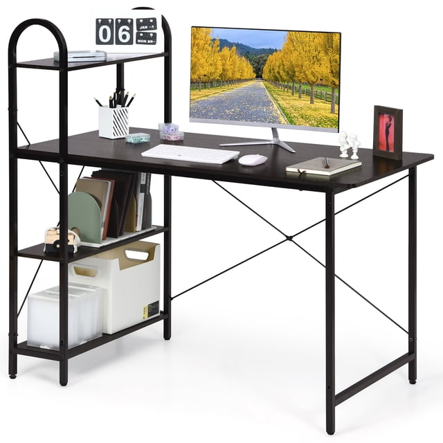 Costway Bureau d'Ordinateur Réversible de 48 Pouces Table d'Écriture Poste de Travail avec Tablette de Rangement Brun