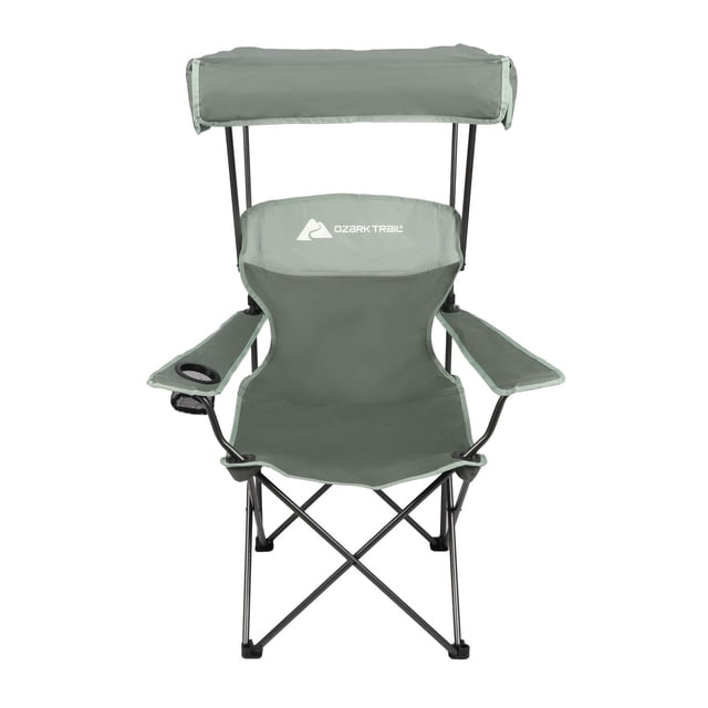 Ozark Trail Camping Chaise avec Pare-Soleil en Tissu polyester Vert Atténué, Dotée d'Un Auvent Ajustable pour la protection Solaire, Siège Rembourré avec ventilation en Maille, Cadre en Acier Enduit de Poudre, Porte-Gobelet en Maille sur l'Accoudoir, et Se Plie à Plat pour un Rangement compact, Idéale pour le Camping et l'Extérieur.