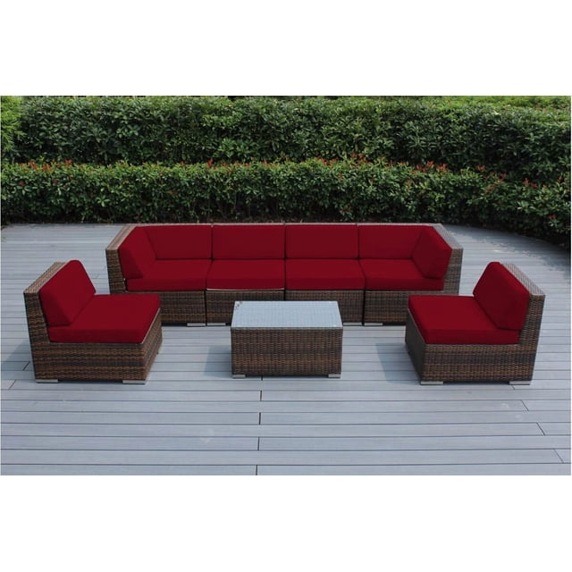 Ohana Ensemble de Conversation Sectionnel pour Terrasse Extérieure de 7 Pcs, Osier Brun Mélangé avec Coussins Sunbrella Rouges - Aucun Assemblage avec Housse de Terrasse Gratuite