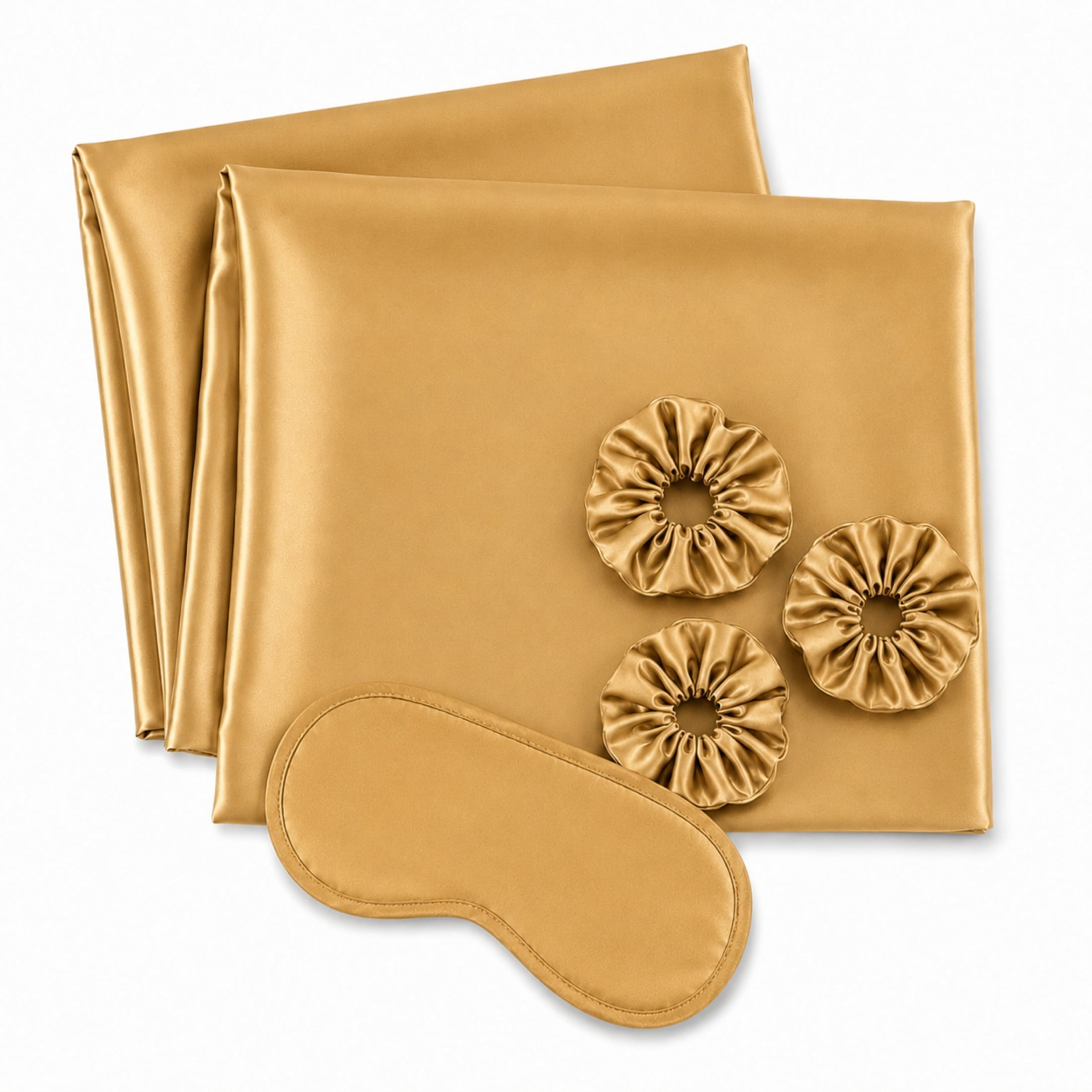 Ensemble Cadeau de 6 Pièces en Satin : Taies D'oreiller, Masque pour les Yeux et Chouchous, Ensemble pour une Sommeil Beauté Swift Home, Or