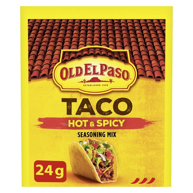 Old El Paso Taco Seasoning Mix Hot & Spicy packet with yellow background and red tile roof design, featuring a taco filled with seasoned beef, lettuce, tomato, and cheese, labeled 24 g with three chili icons indicating spiciness, suitable for seasoning tacos and other Mexican dishes.