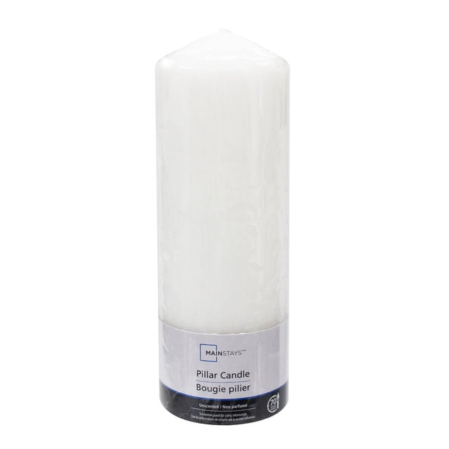 Mainstays Unscented 8 inch white pillar candle with smooth wax finish and cotton wick, labeled for 70 hours burn time, ideal for indoor Christmas decorations and creating warm ambient lighting in Canadian homes.