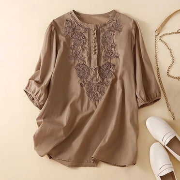 Deals of the Week Cagogo Womens Short Sleeve T Shirts Summer Tops Clearance Under $10 Dressy Casual Embroidered Cotton Linen Tshirts Crewneck Going Out Blouses Birthday Gifts