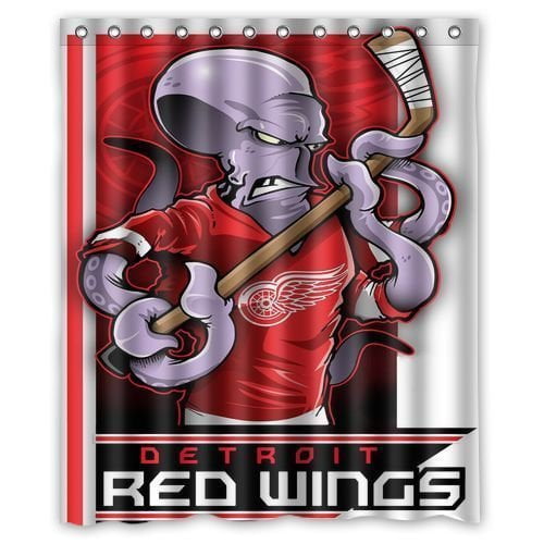 TOUXIHAA Rideau de Douche de Hockey Detroit Red Wings Ensemble de Rideaux de Salle de Bain avec Crochets, Taille 60x72 Pouces. Affiche un design Audacieux Mettant en Vedette une Pieuvre dans un Chandail Detroit Red Wings Tenant un Bâton de Hockey, avec Image de Marque d'Équipe sur Fond Rouge et Noir. Idéal pour les fans de LNH, Ce Rideau 100 % polyester Est Écologique, durable et Comprend des Crochets pour une Installation Facile. Parfait pour la Déco de Salle de Bain Ou les Espaces à Thème Sportif.