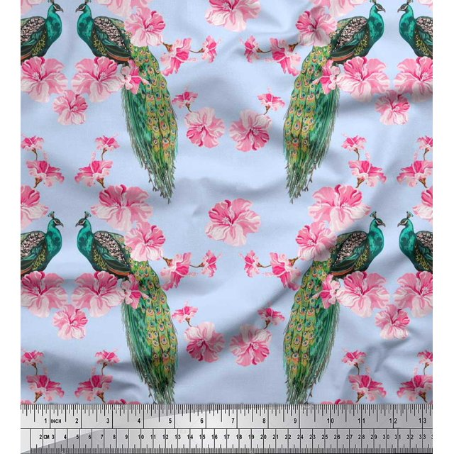 Soimoi Poly Georgette Fabric Floral & Peacock Bird Print Sewing Fabric Yard 52 Inch Wide