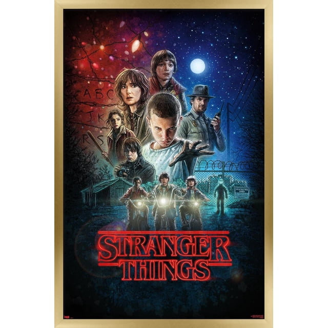 Netflix Stranger Things - One Sheet Wall Poster, 22.375" x 34", depicting key characters from the series under a starry night sky with a full moon, featuring the red neon 'Stranger Things' logo at the bottom, set against a forested background with power lines and a restricted area fence, printed on glossy paper suitable for home décor.