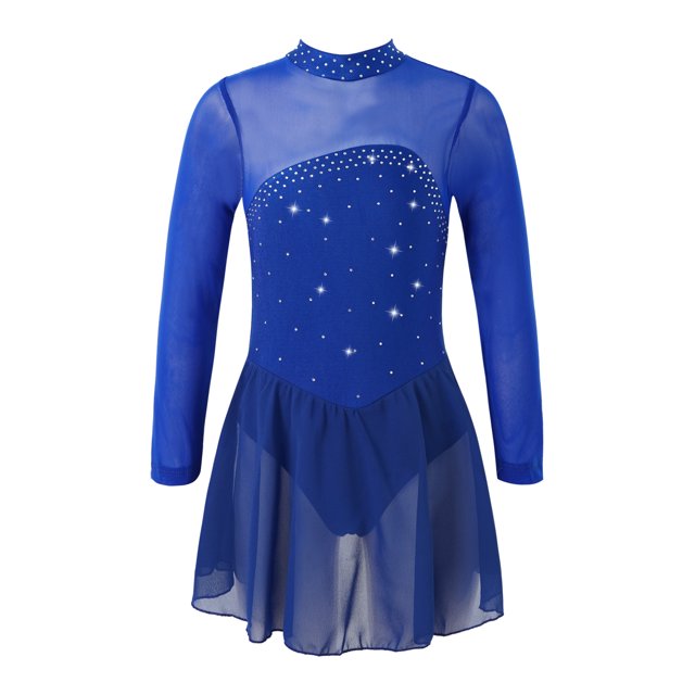 Sxiwei Kids Girls Long Sleeve Mesh Splice Figure Skating Dress with Rhinestone Keyhole Back Gymnastic Royal Blue 12