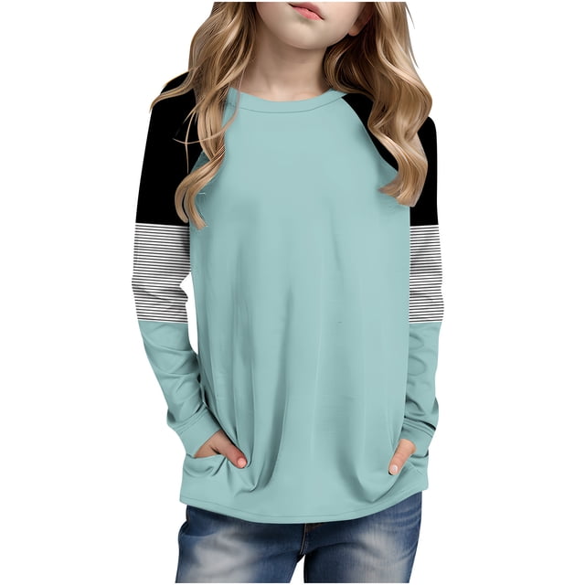 Posijego Girls Striped Long Sleeve Shirts Kids Round Neck Color Block Tunic Tops Spring T-Shirts Size 4-14 Years