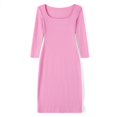 thumbnail image 3 of Robe Longue Moulante pour Femmes Couleur Unie Tricotée Col Carré Manches Longues Robe Printemps Automne Fête Club Robe Moulante, 3 of 9
