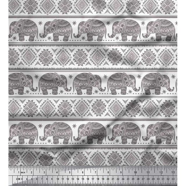 Soimoi Poly Georgette Fabric Aztec & Tribal Elephant Ethnic Print Fabric by the Yard 52 Inch Wide