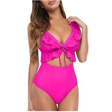 Pisexur Maillot de Bain une Pièce Monokini Grande Taille pour Femmes, Uni, Découpes, à Volants, Dos Nu, Maillot de Bain, Tenue de Plage