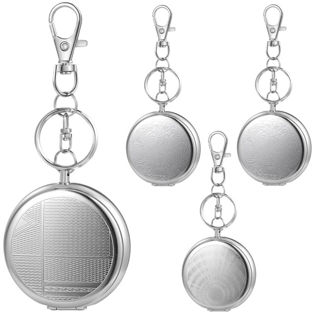 3Pcs Portable Pocket Ashtray Mini Stainless Steel Circular Ashtray Creative Key Chain with Cigarette Snuffer, designed with a random decorative pattern. This compact ashtray features a push-button lid, cigarette holder, and key chain latch for convenience. Made of durable stainless steel, it is suitable for travel, picnics, and other outdoor activities.